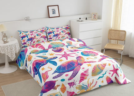 Erosebridal Sea Turtle Comforter Set Queen for Kids Girls Boys,Coastal Beach Theme Bedding Set Nautical Bedroom Decor,Pink Blue Sea Shell Starfish Comforter Set,Ocean Life Quilt Bed Set 3Pcs