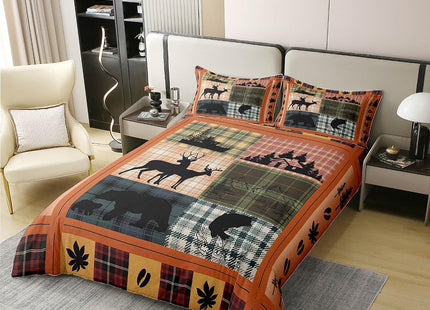 Pure Cotton Buffalo Plaid Comforter Cover Cabin Camping Decor, Bear Elk Deer Duvet Cover for Kids Teens, Pink Orange Blue Bedding Set, Fish Lake House Decor Moose Fall Leaves Quilt Cover, Twin