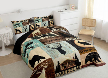 Hunting Woodland Animal Comforter Set Twin Rustic Fox Bear Deer Moose Bedding Set,Lake House Fishing Comforter For Farmhouse Cabin Lodge,Countryside Wildlife Quilt Duvet Brown Teal 1 Pillow Case