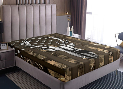 Rustic Deer Fitted Sheet,Wildlife Deer Antlers Hunt Lodge Decor Bedding Set with 16" Elastic Deep Pocket, American Flag Brown Camouflage Polyester Bed Cover for Bedroom, Queen Size (No Top Sheet)