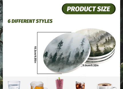 Whaline 6 Pcs Forest Coasters with Holder Misty Forest Ceramic Drink Coasters Absorbent Round Cup Mat Tabletop Protection for Home Kitchen Office Desk Coffee Table Decor