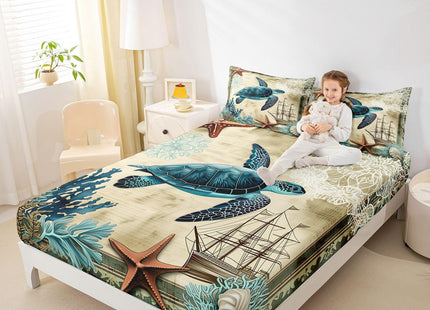 Erosebridal Ocean Beach Sea Turtle Sheet Set,Children Teens Retro Tortoise Bed Sheet Hawaiian Reptile Turtle Printed Bed Set with Fitted Flat Sheet,2 Pillowcases,Queen