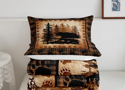 Castle Fairy Bear Print Comforter Set Queen Size,Wild Animal Hunt Pine Trees Retro Bedding Set for Women Adult,Rustic Grid Plaid Cabin Decor Luxury Bed Duvet Insert, 2 Pillowcases