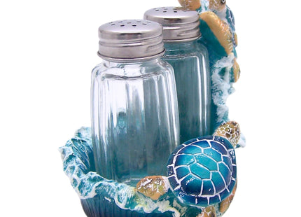 Blue Sea Turtle Salt and Pepper Set Holder, Nautical Décor, Shakers Included, 4 Inches