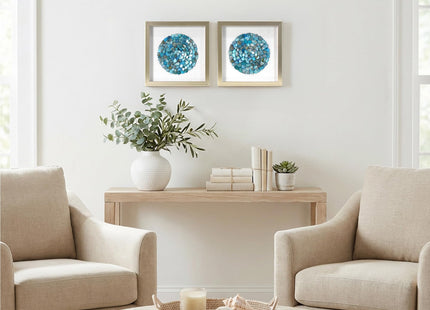 American Art Decor Sea Glass Shadowbox Set - 2-pc Aqua Teal Turquoise Round Seashell Wall Art, Champagne Frame on White Linen - Coastal Wall Decor for Living Room Bedroom Bathroom Office