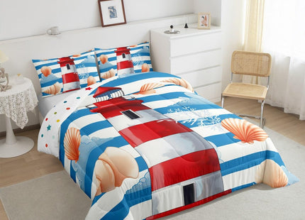 Erosebridal Nautical Comforter Set Twin Red White Lighthouse Bedding Set, Blue Stripes Bedding Comforters & Sets Coastal Conch Starfish Duvet, Ocean Theme Quilt Comforter Super Cozy Microfiber 2pcs