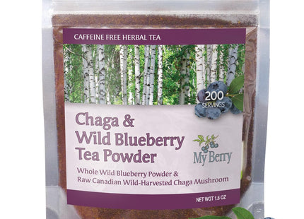 Maine Chaga & Wild Blueberry Tea Powder- Herbal Superfood Blend | 100% Wild-Harvested USA & Canadian Grown Chaga | 1.5oz | Caffeine-Free, Antioxidant-Rich | 200+ Servings | 100% Natural, No Additives