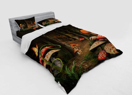 Ambesonne Mushroom Duvet Cover Set, Mushrooms in Deep Dark Forest Fantasy Nature Theme Earth Path Mystical, 4 Piece Bedding Set with Shams and Fitted Sheet, Queen Size, Pomegranate Green