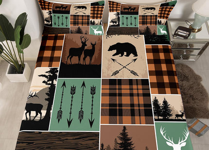 Erosebridal Farmhouse Retro Rustic Sheet Set Twin Size, Kids Country Bear Deer Bed Sheet Hunting Wild Animal Fitted Sheet - Plaid Arrows Flat Sheet Adventure Patchwork - 1 Pillow Case, Brown Green