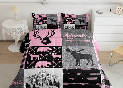 Christmas Rustic Camping Bedding Set For Boys, Hunting Elk Deer Comforter Set Full Buffalo Plaid Patchwork Duvet Insert Lodge Woodland Farmhouse Quilt For Kids Teens Adult Bedroom, Pink Black Grey