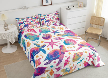 Erosebridal Sea Turtle Comforter Set Queen for Kids Girls Boys,Coastal Beach Theme Bedding Set Nautical Bedroom Decor,Pink Blue Sea Shell Starfish Comforter Set,Ocean Life Quilt Bed Set 3Pcs