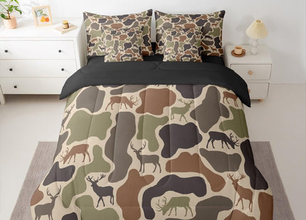 Erosebridal Camo Deer Comforter Set 7 Pcs Camouflage Hunting Deer Bedding Sets for Kids Teens Green Military Army Camo Bed in A Bag Queen Country Hunter Wildlife Sheet Set with Comforter