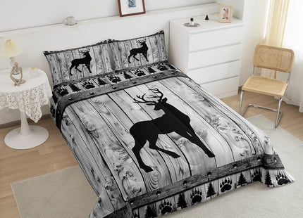 Castle Fairy Deer Bedding Set Twin Size,Rustic Farmhouse Wood Board Comforter Set 2Pcs,Wildlife Hunting Quilt Set for Kids Teens Adult Room Decor,Grey Black Bear Pine Print Duvet Insert,1 Pillowcase