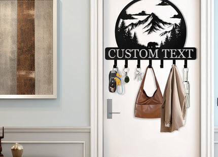 KAINSY Personalized Key Holder for Wall, Custom Name Metal Forest Bear Key Hooks, Coat Hook Key Holder Wall Mount, Key Rack Hanger Organizer for Kitchen, Entryway, Hallway, Door, Home Decor Gifts