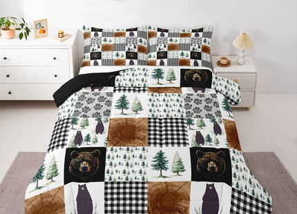 Kids Rustic Black Bear Comforter Set Twin Woodland Animal Bedding Set For Boys Teen Men,Patchwork Black White Grey Buffalo Plaid Comforter Farmhouse Wooden Pine Tree Bear Paw Quilt Duvet 2 Pcs