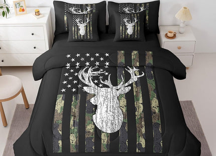 Erosebridal 7 Piece Deer Camo Queen Comforter Set with Sheets Hunting Camouflage American Flag Bed in A Bag | for Kids Boys Men Rustic Farmhouse Cabin Bedding Sets Army Green Black Western Bed Set