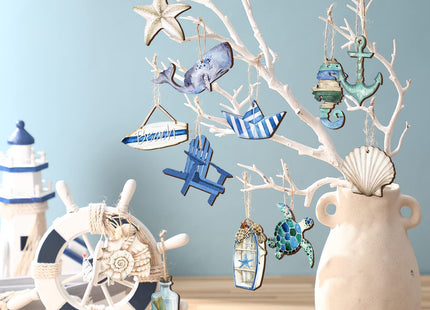 Maitys 36 Pcs Beach Wooden Ornaments Ocean Summer Tree Decorations Coastal Nautical Seaside Wood Cutouts Navigation Hanging Ornaments Xmas Decorations for Home Tree Wall Wreath Crafts(Beach Sea)