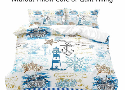 LUVIVIHOME 3PCS Nautical Bedding Set, King Duvet Cover, White Light Blue Stripes Lighthouse Anchor Compass Rudder Coral Starfish Beach Sea Ocean Coastal Comforter Bedspread Quilt Cover, 2 Pillow Cases