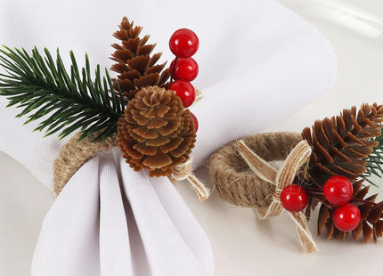 Christmas Napkin Rings Set of 12 Evergreen Snowy Pinecone Red Berry
