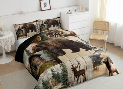Feelyou Bear Comforter Cover Toddler Size Cabin Bedding Set Wild Animal Hunting Quilt Set for Kids Boys Teens Room Decor Western Rustic Farmhouse Duvet Cover Green Beige