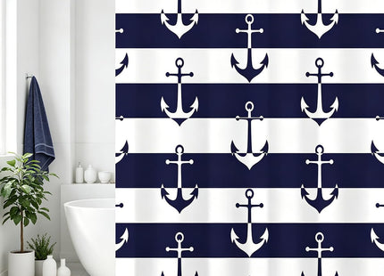 DLRIUAZEP Nautical Anchor Shower Curtain, Navy Blue and White Striped, Bathroom Decor Waterproof Fabric Shower Curtains Sets with 12 Hooks 72x72 Inch