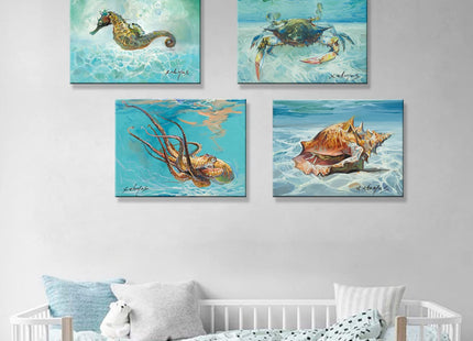 JZLDZS Ocean Life Blue Crab Octopus Seahorse Seashell Wall Art, 12x16 Inch