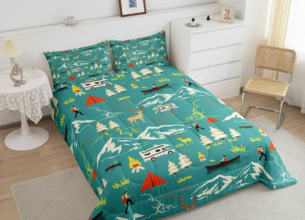 Kids Camping Comforter Set Twin Size, Farmhouse Camper Car Bedding Set, Deer Wild Animals Bedding Comforter Sets, Mountain Adventure Down Comforter, Firemen Woodland Duvet Insert, 2Pcs Green