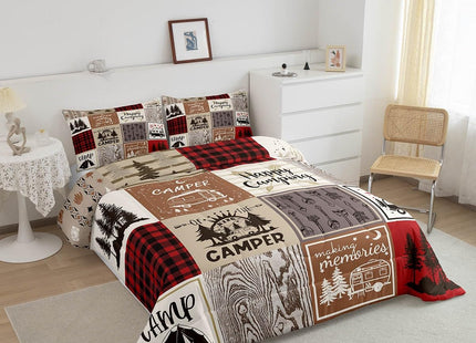 Erosebridal Short Full Comforter for Rv Camper Happy Camping Bunk Comforter Set Rv Camper Accessories Bedding for Travel Trailers, Patchwork Buffalo Plaid Pine Tree Arrow Quilt Set Red Brown