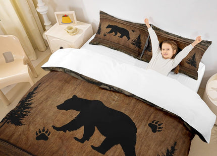 Manfei Rustic Bear Duvet Cover Set Full Size, Wildlife Hunting Theme Comforter Cover with 2 Pillowcases, Wild Animal Bedding Set 3pcs for Kids Boys Teens, Wooden Board Bedspread Cover, No Comforter