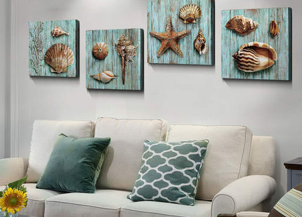 Blue Shells Wall Art Home Decor for Bathroom Shell Conch Framed Canvas Prints Sea Ocean Paintings Pictures Marine Life Coral Starfish Modern Large Artwork Living Room Home Decoration Set 4 Pcs 16x16