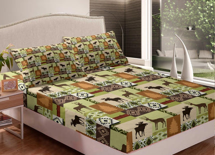 Erosebridal Rustic Boho Aztec Bed Sheets Full Woodland Moose Deer Sheet Set Southwestern Cabin Lodge Patchwork Bedding Set for Kids Adults Western Fitted Sheet Brown Green Flat Sheet 2 Pillow Cases