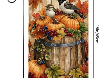 Fall Chickadee Garden Flag, Autumn Pumpkin Harvest Wooden Barrel Outdoor for Decor, Double Sided Burlap Maple Leaf Farmhouse Home Decor Yard Party Thanksgiving Decoration 12x18 Inch