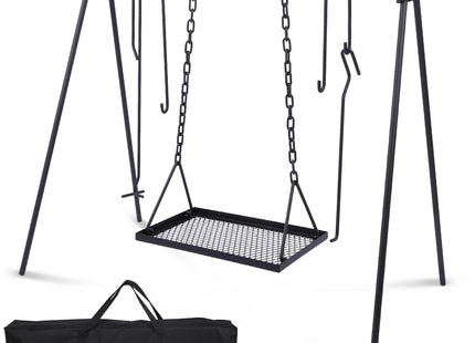 Lineslife Grill Swing Hanging Campfire Cooking Stand with Adjustable Iron Grill Grate, Collapsible Campfire Cooking Rack with Hooks and Accessories for BBQ Picnic, Outdoor Camping Cookware, Dutch Oven