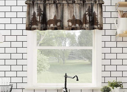 JanJCurt Bear Kitchen Valance, Rustic Cabin Pine Forest Wild Animal Black Bear Retro Wooden Board Window Valance for Farmhouse Bedroom Living Room,54x18in
