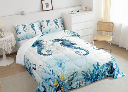 Manfei Hippocampus Comforter Set Twin Size, Sea Turtle Seahorse Octopus Quilt Set with 1 Pillowcase, Nautical Anchor Compass Bedding Set 2pcs for Kids Boy Girls Marine Life Duvet Insert