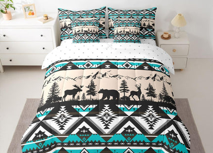 Feelyou Western Comforter Set with Sheets 7 Piece Twin Size Southwestern Aztec Bedding Set for Kids Boys Girls Bear Bed in a Bag Deer Moose Room Decor Wild Animals Blue Soft Lightweight Microfiber