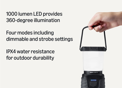 Amazon Basics Camping Essentials Lantern, 360-Degree 1000 Lumen LED, Adjustable Dimmable with 4 Lighting Modes, Water Resistant IPX4, Black (Batteries Not Included)