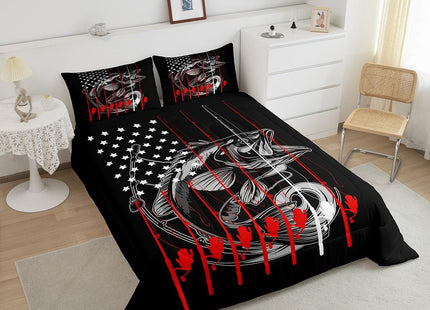 Feelyou American Flag Big Pike Fish Comforter Set Bass Big Bedding Set Toddler Size for Kids Boys Girls Hunting Fishing Comforter Fish Hook Inner Fill Duvet Set 1 Comforter Set with 1 Pillowcase