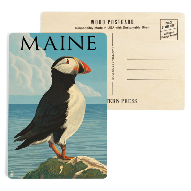Maine, Puffin on Rock Scene (4x6 Birch Wood Postcards, 2-Pack Stationary, Rustic Home Wall Decor)