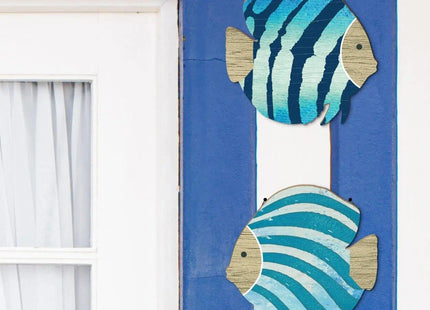 Putuo Decor 2PC Coastal Fish Wall Decor, MDF Nautical Hanging Decor with Metal Hook, Ocean Themed Wall Art Set for Bathroom, Lake House, Seaside Living Space(Blue Coastal Stripes)
