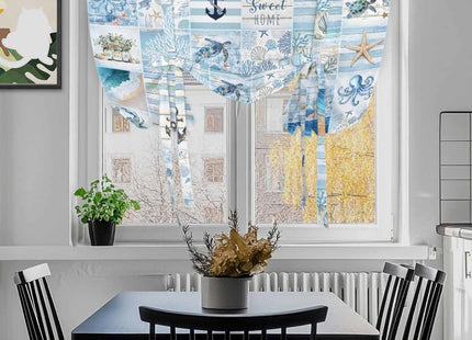Blue Coastal Tie Up Curtains for Small Windows,Adjustable Rod Pocket Ocean Turtle Starfish Coral Valance 45 Inch Short for Bathroom Kitchen,Nautical Anchor Octopus Balloon Roman Blind Shade,34" x 45"