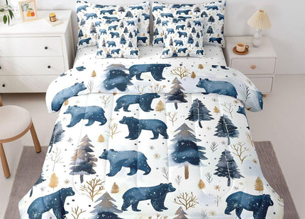 Erosebridal Cabin Bear 7 Piece Comforter Set Full | Wildlife Jungle Hunting Bed in A Bag Wild Animals Farmhouse Sheet Set Winter Snowflakes Pine Trees Fitted Sheet Breathable Lightweight