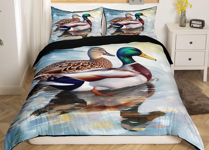 Erosebridal Mallard Duck Comforter Cover Full Size Duck Hunting Bed Set, Wild Animal Duvet Cover Rustic Farmhouse Lodge Cabin Bedding Set, Watercolor Oil Painting Art Bedspread Cover 3-Piece