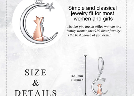 Fox Earrings 925 Sterling Silver Moon Fox Leverback Drop Dangle Earrings Origami Fox Jewelry Gift for Women