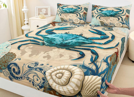 Beach Theme Bedding Set Kids Beach Crabs Print Twin 3 Piece Sheet Set 3D Crab Luxury Microfiber Bed Sheets Set (1 Fitted Sheet, 1 Flat Sheet, 1 Pillowcase)Soft Cute Marine Life Decorative Bedding