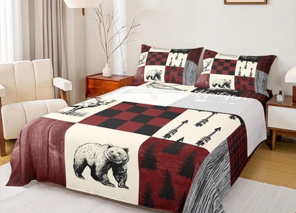 Rustic Lodge Bear Moose Deer Sheet Set Full,Patchwork Red Black Buffalo Check Plaid Bed Sheets Set Farmhouse Hunting Woodland Animal Bedding,Camping Cabin Fitted Sheet + Flat Sheet + 2 Pillow Cases
