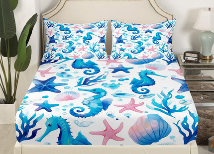 Erosebridal Blue Seahorse Fitted Sheet Full for Kids Boys Girls,Marine Life Ocean Animal Bedding Set Nautical Bedroom Decor,Sea Shell Starfish Bed Set Coastal Beach Bottom Sheets Only (3Pcs)