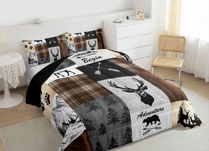 Deer Hunting Twin Comforter Set for Adult Women Boys, Wild Animal Moose Bear Bedding Set Western Rustic Farmstyle Bedroom Decor,Buffalo Plaid Patchwork Duvet Insert for Girls Teens Kids Soft Quilt