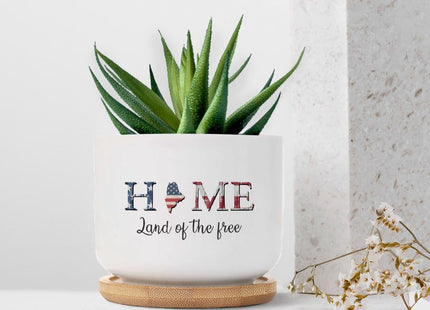 DreamAutumn Home Land of The Free Maine Planter Ceramic Round Plant Pots with Drainage Holes and Bamboo Tray Planting Small Flower Pots for Home Windowsill Desk Garden Indoor Outdoor Use