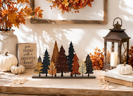 Smile Fall Thanksgiving Wooden Standing Decor, Autumn Forest Maple Pine Tree Tiered Tray Signs with Stands for Rustic Farmhouse Home Kitchen Shelf Decor
